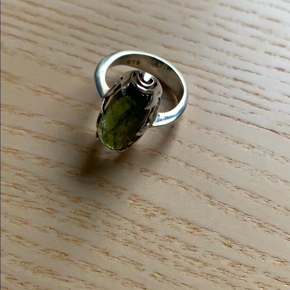 Green amber sterling silver ring